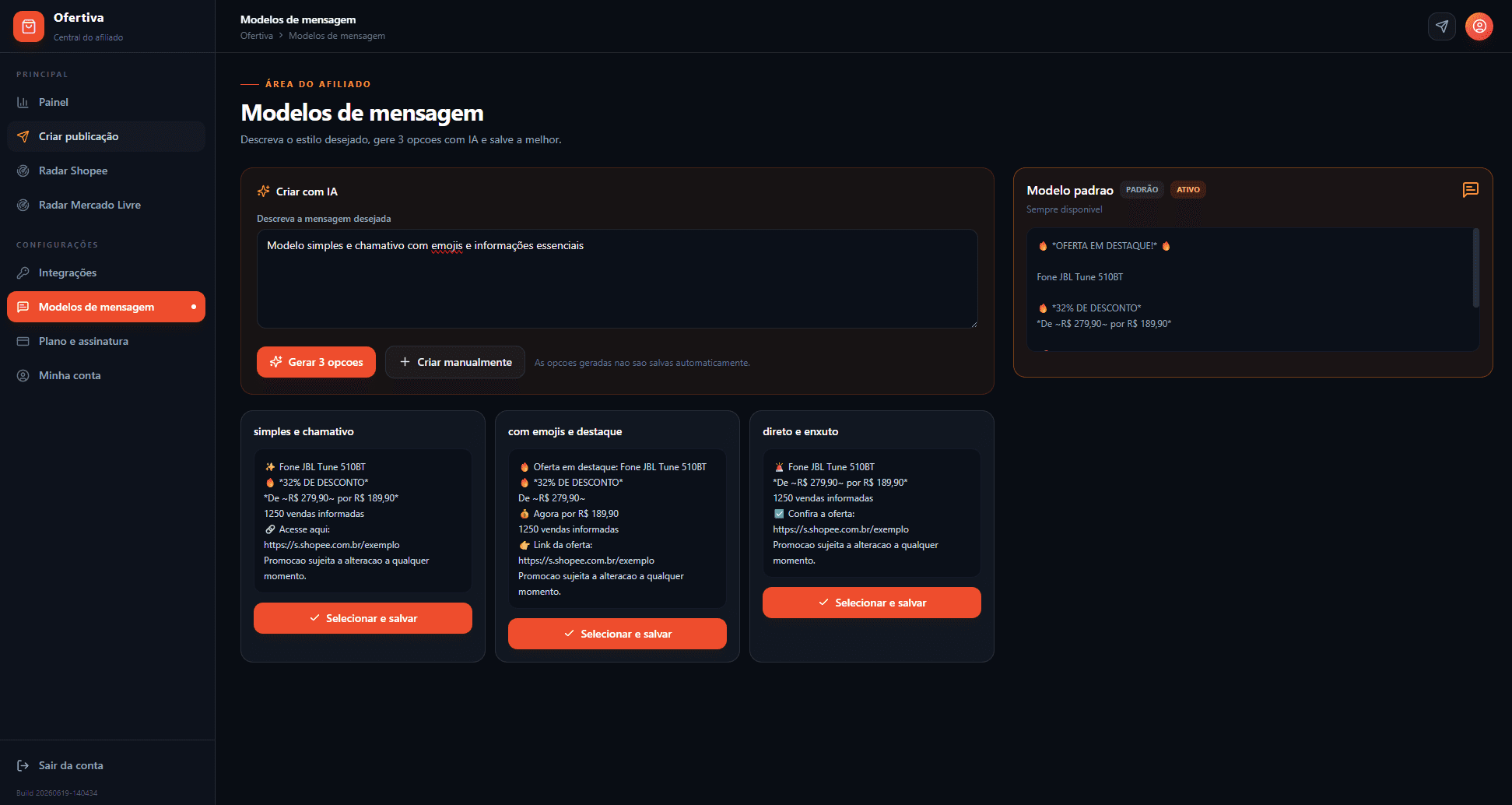 Tela de Modelos de mensagem da Ofertiva gerando opções de texto com IA