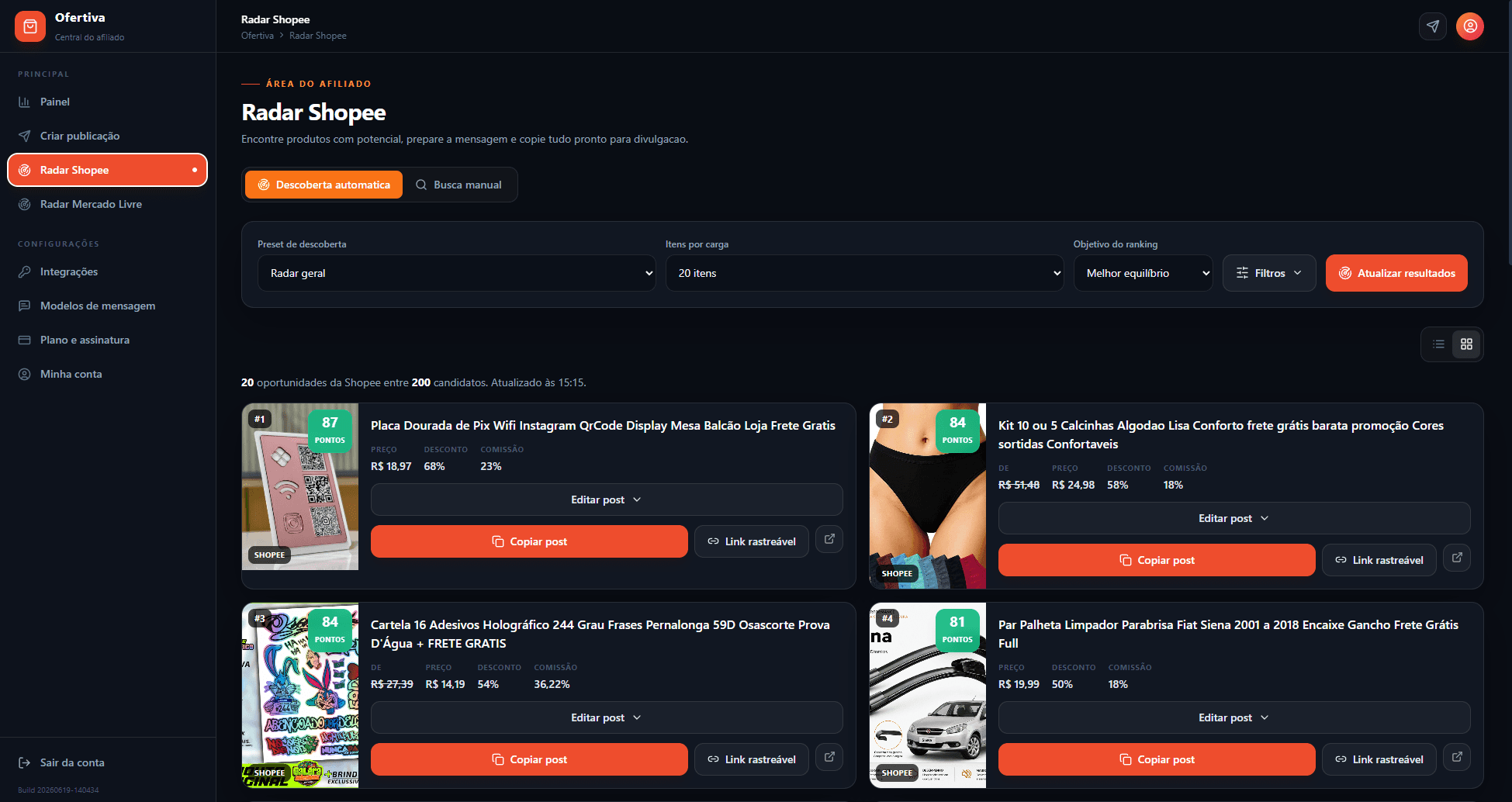 Tela do Radar Shopee da Ofertiva mostrando ofertas com pontuação e botões para copiar o post