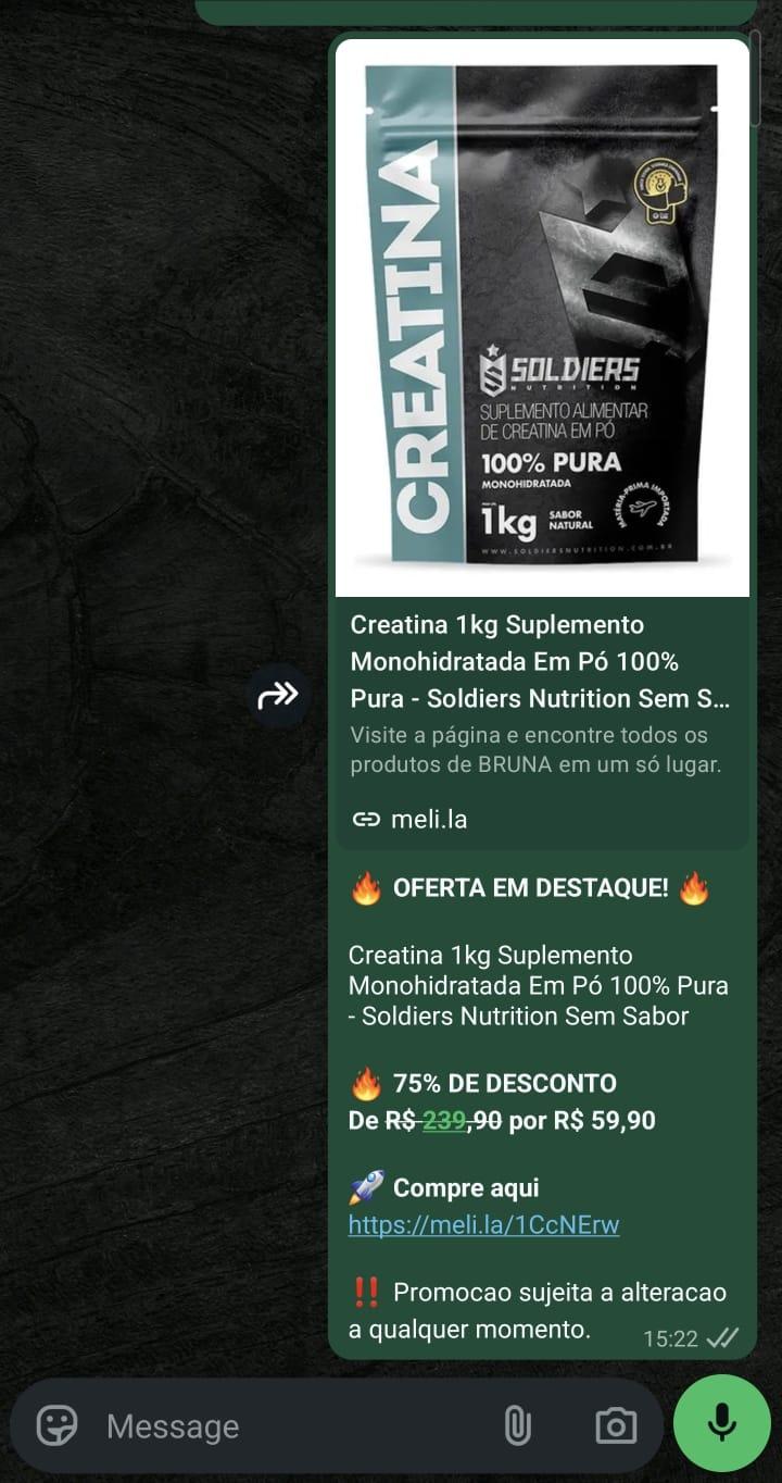 Publicação de oferta compartilhada no WhatsApp com imagem, preço e link afiliado